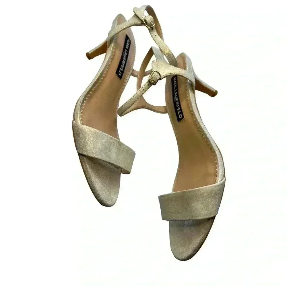 Lagerfeld Paris Women's Ankle Strap Heeled Sandal •Sparkly Gold•Size 8.5•